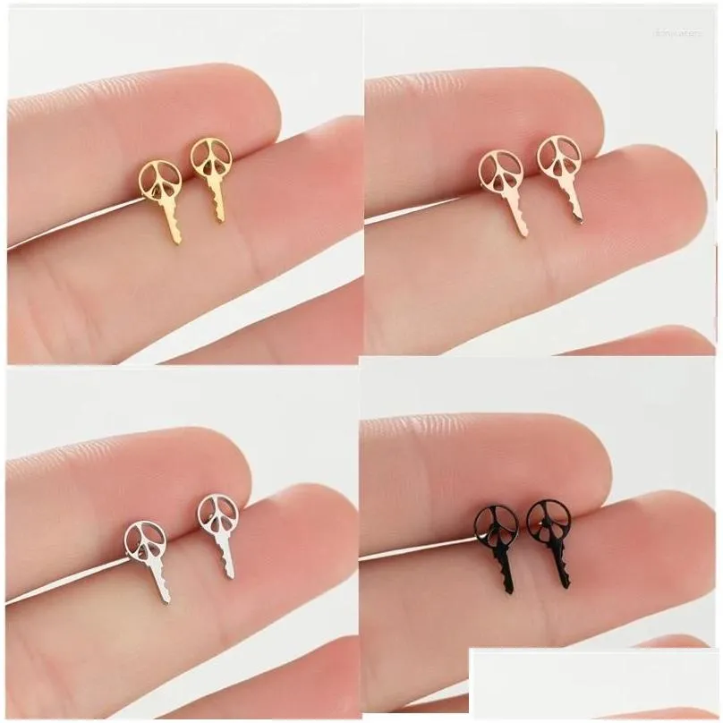 Stud Earrings 12 Pair / Lot Fashion Jewelry Stainless Steel Mini Size Peace Sign Key