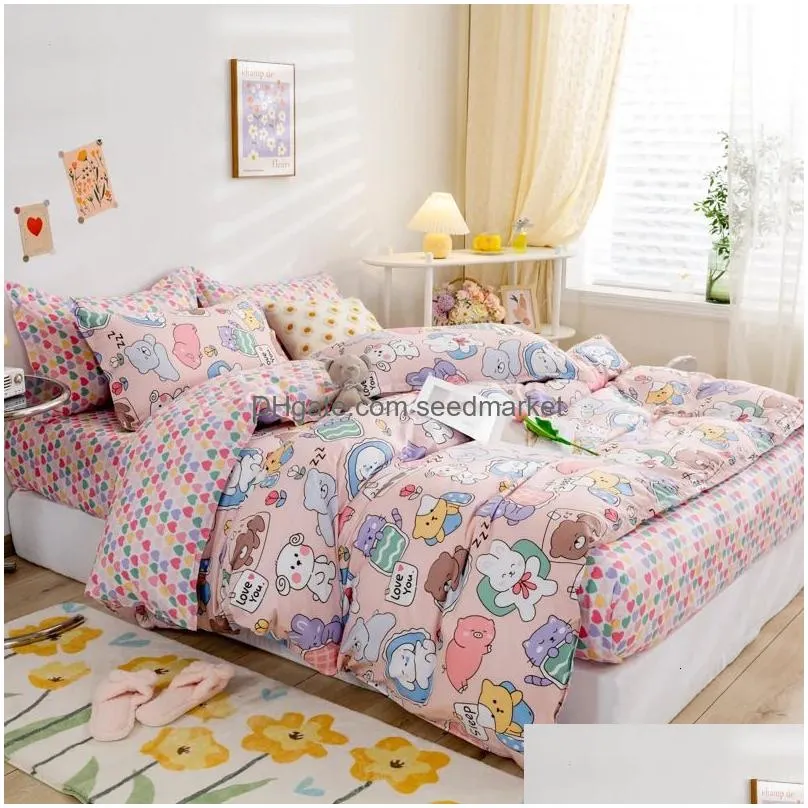 Bedding Sets Cute Bear Set Girls Boys Kids Single Double Size Flat Sheet Duvet Er Pillowcase Bed Linens White Blue Home Textile Drop Dhune