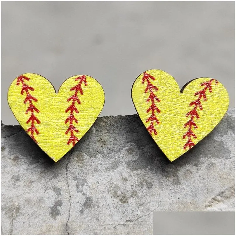 heart sports stud baseball earrings rugby football basketball wooden stud fashion accessories gift