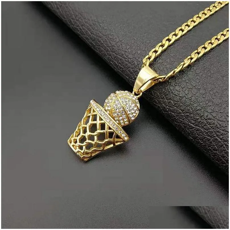 Pendant Necklaces Hip Hop Rhinestones Paved Bling Iced Out Gold Stainless Steel Basketball Basket Pendants Necklace Men Rapper Jewelry