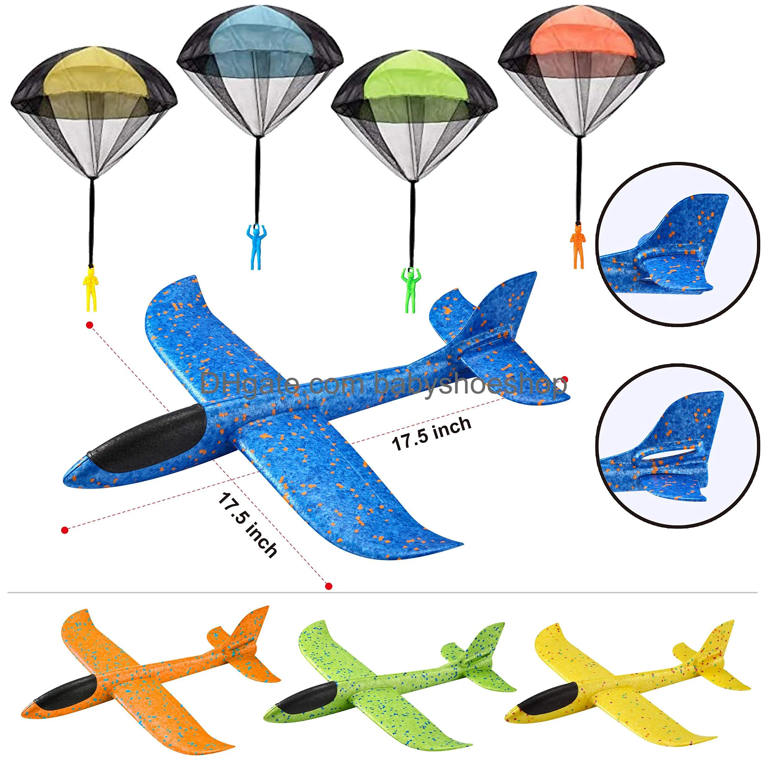 joyin 2 in 1 foam airplanes and parachute toy combo set 2 flight mode glider planes large throwing foam planes and parachutes flying toys for kids outdoor play kids backyard outdoor toys