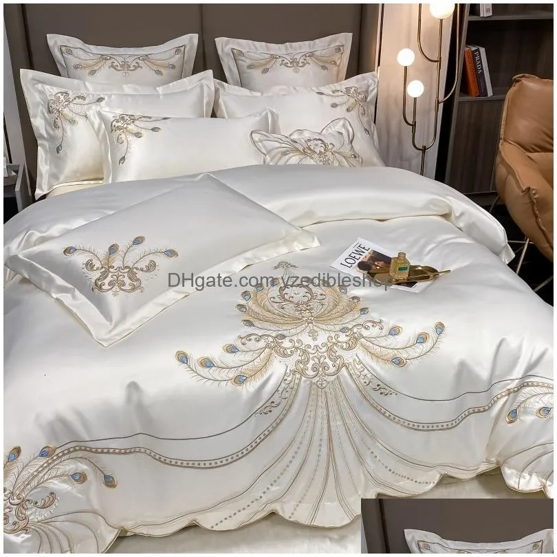 bedding sets luxury gold feather embroidery egyptian cotton champagnelight yellowwork duvet cover bed sheet pillowcases set
