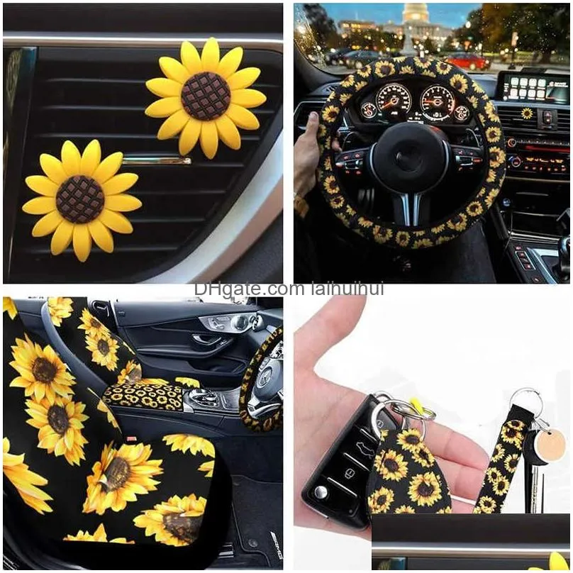 car seat covers 9 pieces universal sunflower car accessories kit include 2 pieces car front seat covers sunflower steering wheel cover 2 piece