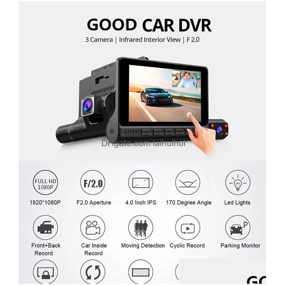 Car Dvr 4 Inch Hd 1080P 3 Lens Video Recorder Dash Cam Smart G-Sensor Rear Camera 170 Degree Wide Angle Tra Resolution Front With In Dhfup