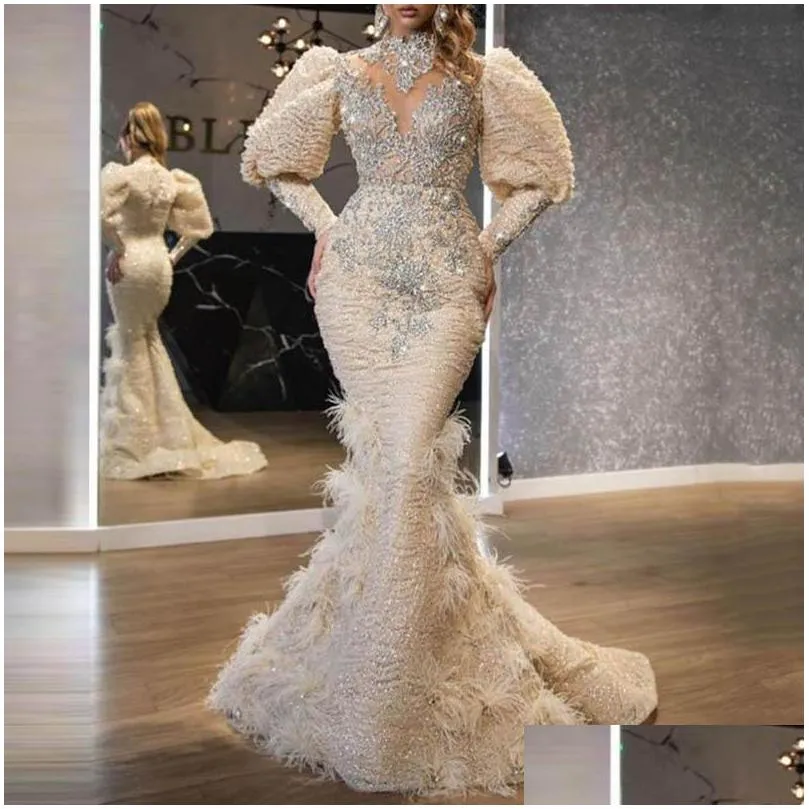 satin big swing drag tail banquet evening dress woman prom dresses y long dress plus size sequin feather decor