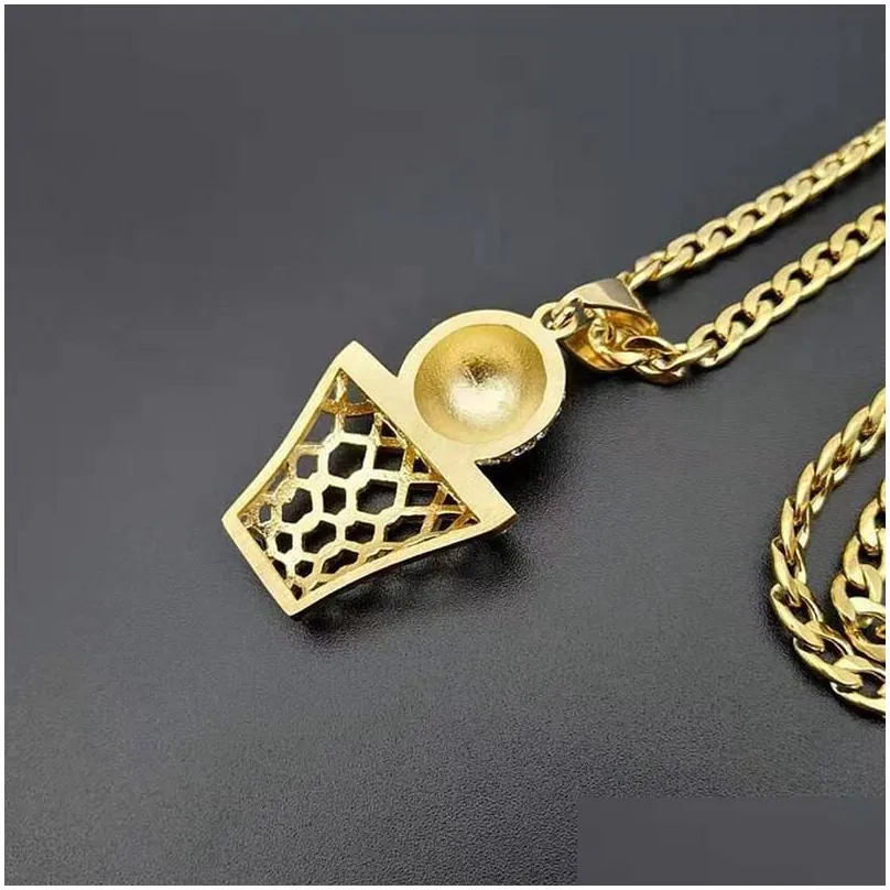 Pendant Necklaces Hip Hop Rhinestones Paved Bling Iced Out Gold Stainless Steel Basketball Basket Pendants Necklace Men Rapper Jewelry