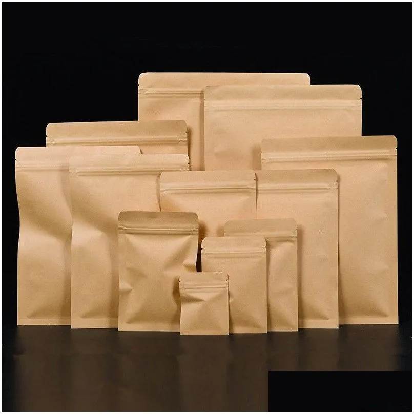 100pcs resealable flat bottom kraft paper zip lock packaging bag thick foil inlay snack candy ground coffee nuts tea seeds gifts storage