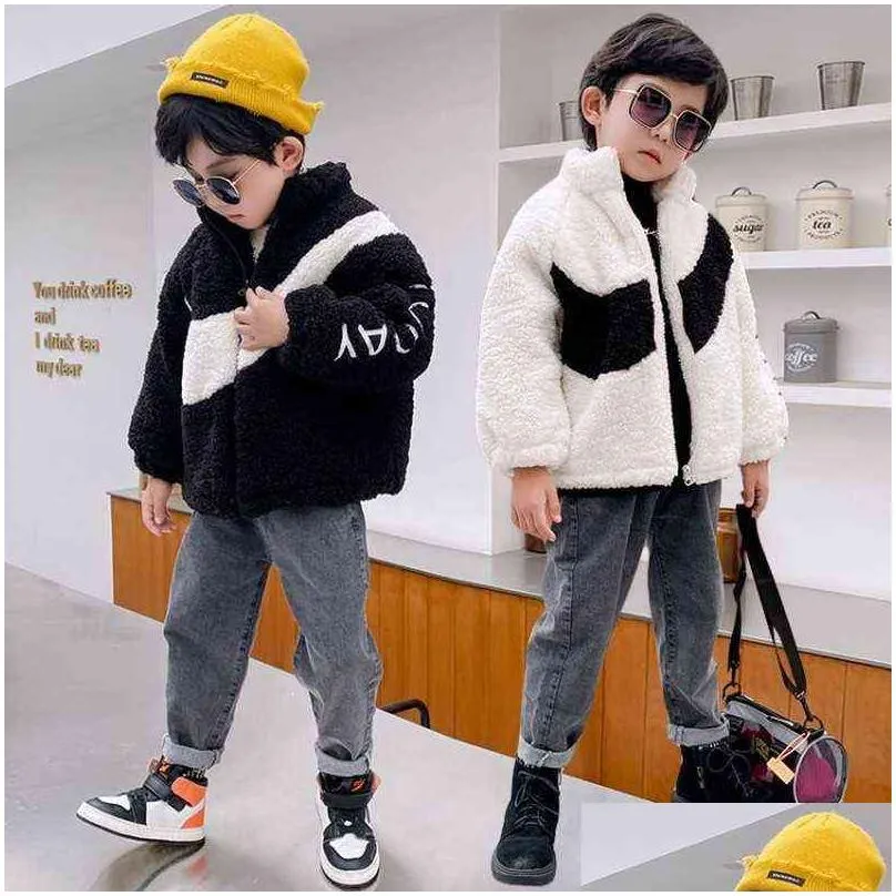 Coat Winter Kids Snowsuit Baby Boys Girls Warm Cotton Jacket Korean Style Children Fleece Thick Lamb Cashmere Coat Clothes 211230 Drop Dhfxa