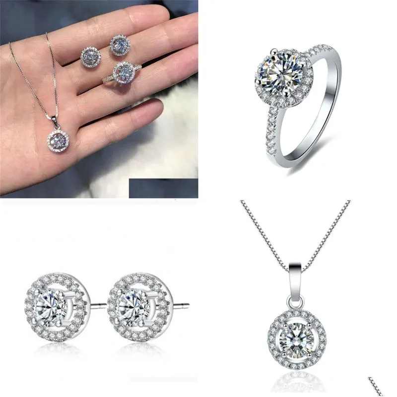 Trendy Diamond Jewelry set Real 925 Sterling Silver Party Wedding Rings Earrings Necklace For Women Bridal moissanite Jewelry