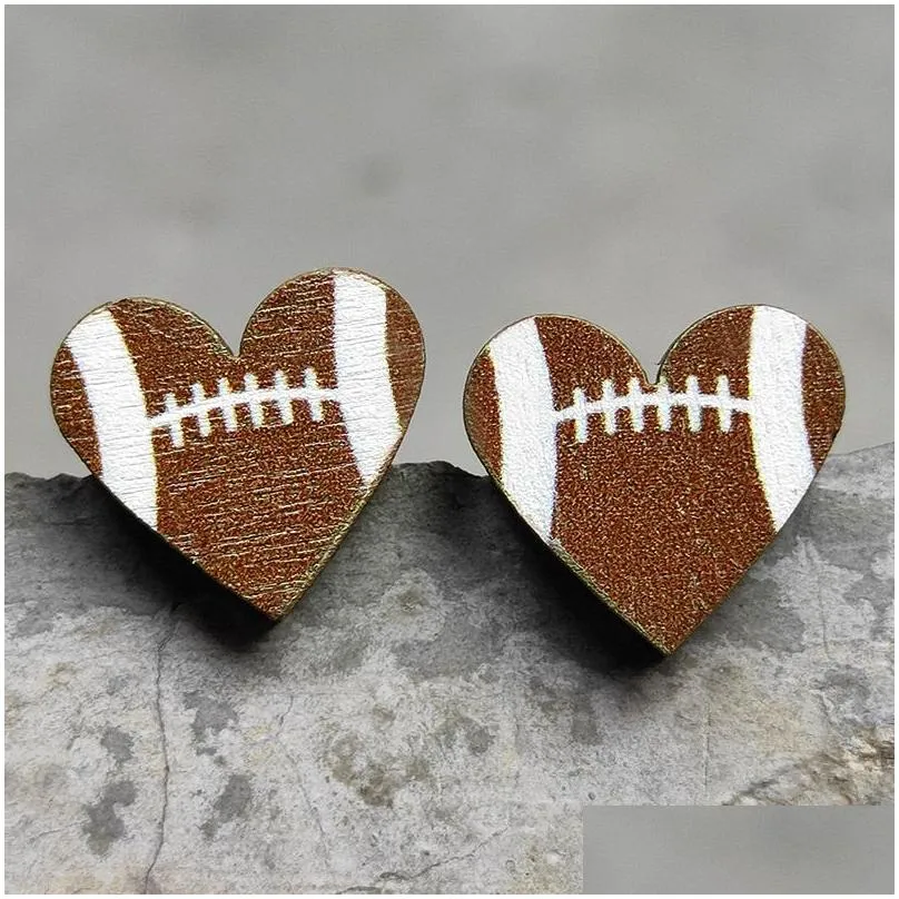 heart sports stud baseball earrings rugby football basketball wooden stud fashion accessories gift