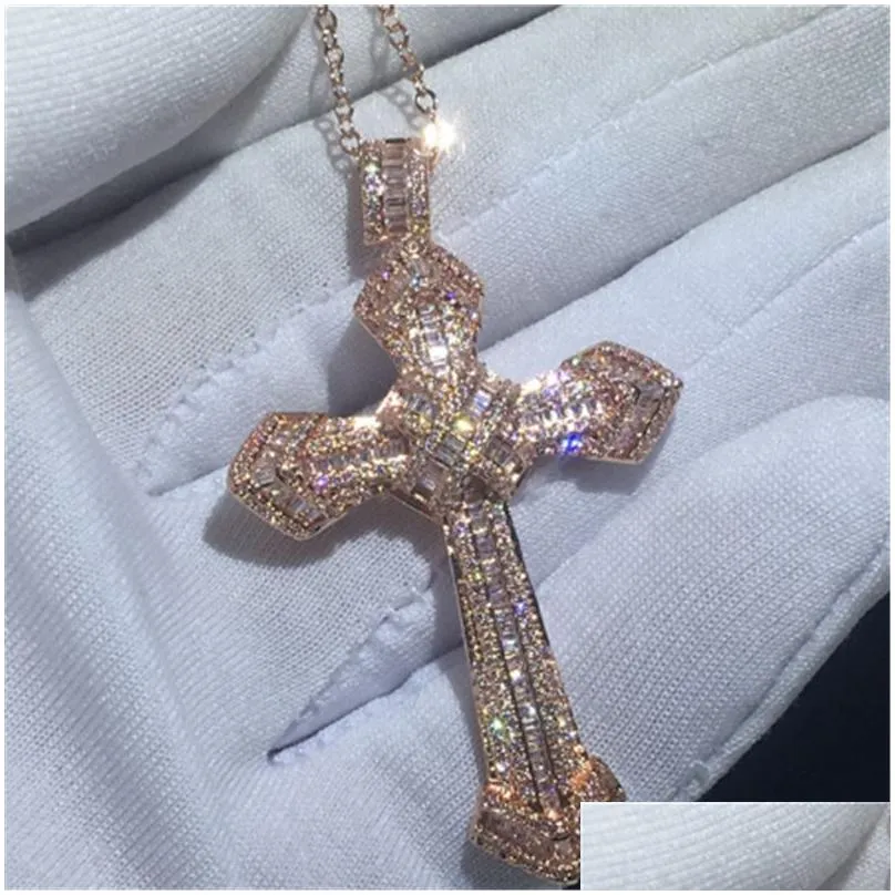 14K Gold Long Diamond Cross Pendant 925 Sterling Silver Party Wedding Pendants Necklace For Women men moissanite Jewelry Gift