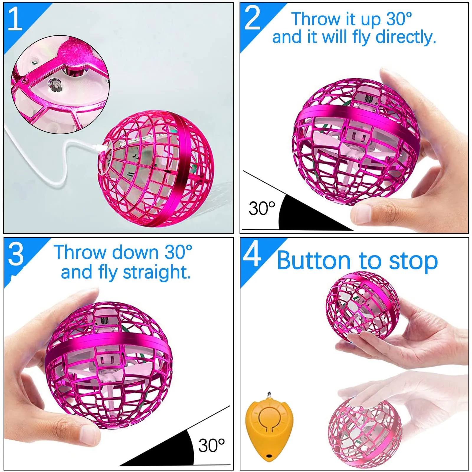 flying orb ball toys for 360ﾰ rotating mini spinner magic hand hover lights kids with adults indoor outdoor boomerang pink 