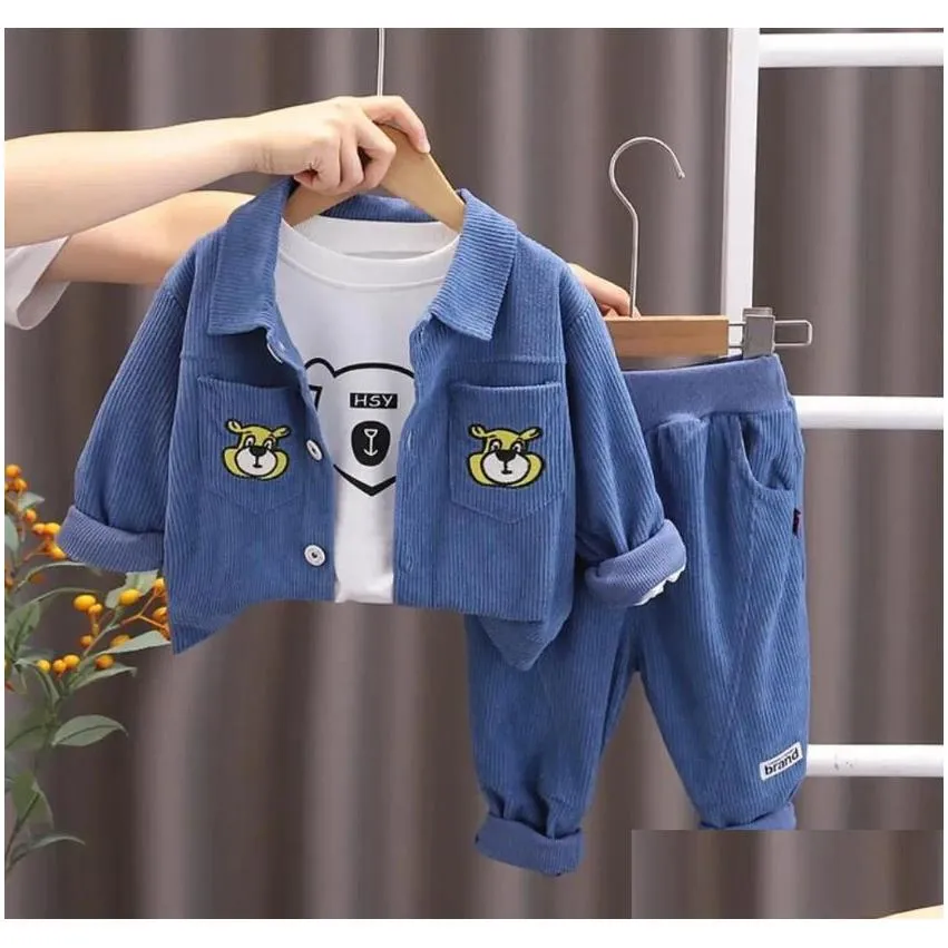 Clothing Sets Designer Baby Boy Clothes Outfits 2023 Autumn Kids Turn-down Collar Corduroy Cardigan Jackets Shirts Pants 3Pcs Children
