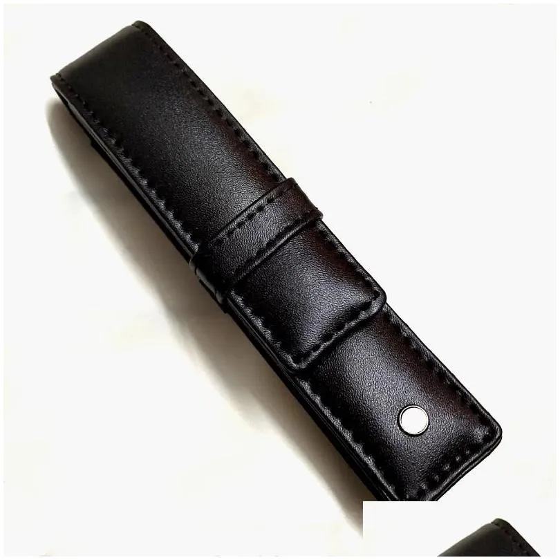 high quality black leather pen bag office stationery fashion pencil case for single pen