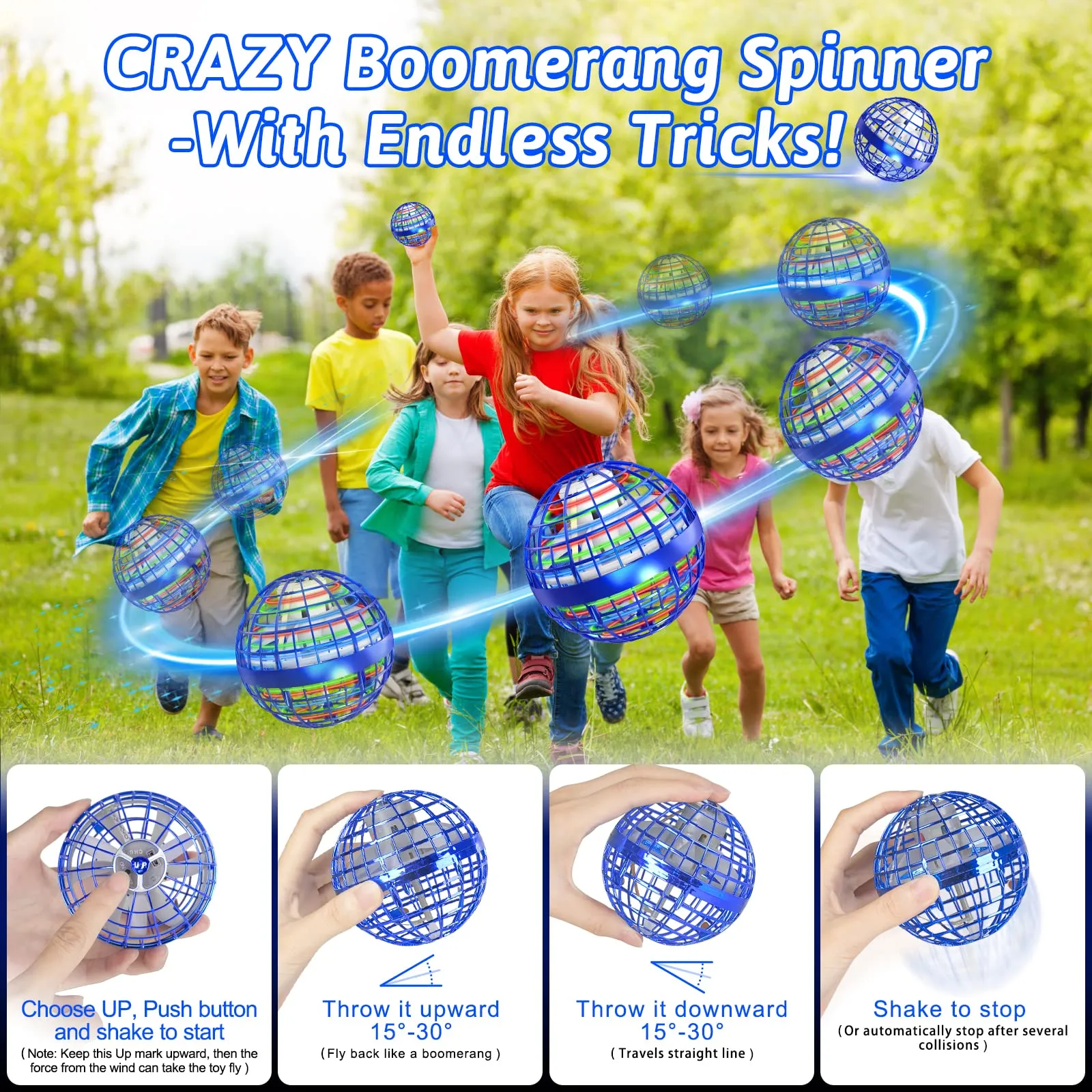 flying orb ball toys hover orb boomerang spinner safe for 6add year old kids boys girls magic controller mini drone balls with light indoor outdoorblue