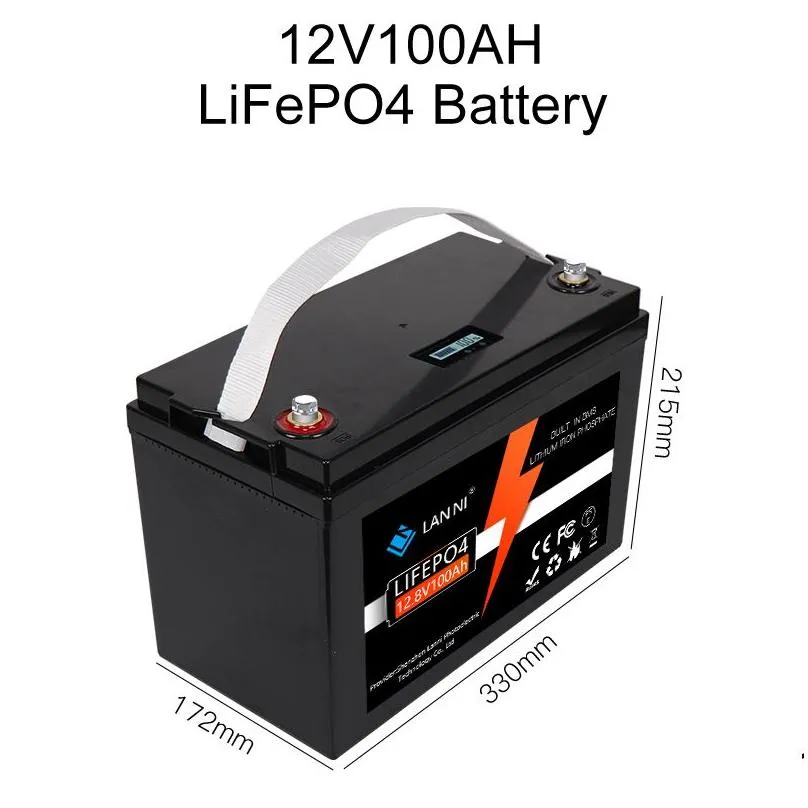 LiFePO4 battery 12V100AH has built-in BMS display, which can be used for mobile phone, golf cart, forklift, Campervan, photovoltaic, RV and