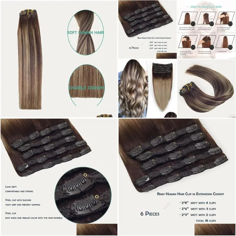 Clip in Human Hair High Grade 100g Balayage Ombre Color Straight Natural Extension With Double Drawn W220401