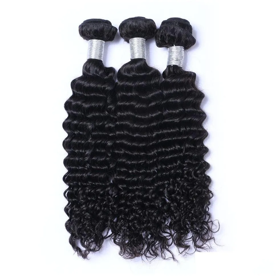 Brazilian Deep Wave Human Virgin Hair Weaves With 4x4 Lace Closure Frontal Bleached Knots 100g/pc Natural Color Double Wefts Hair