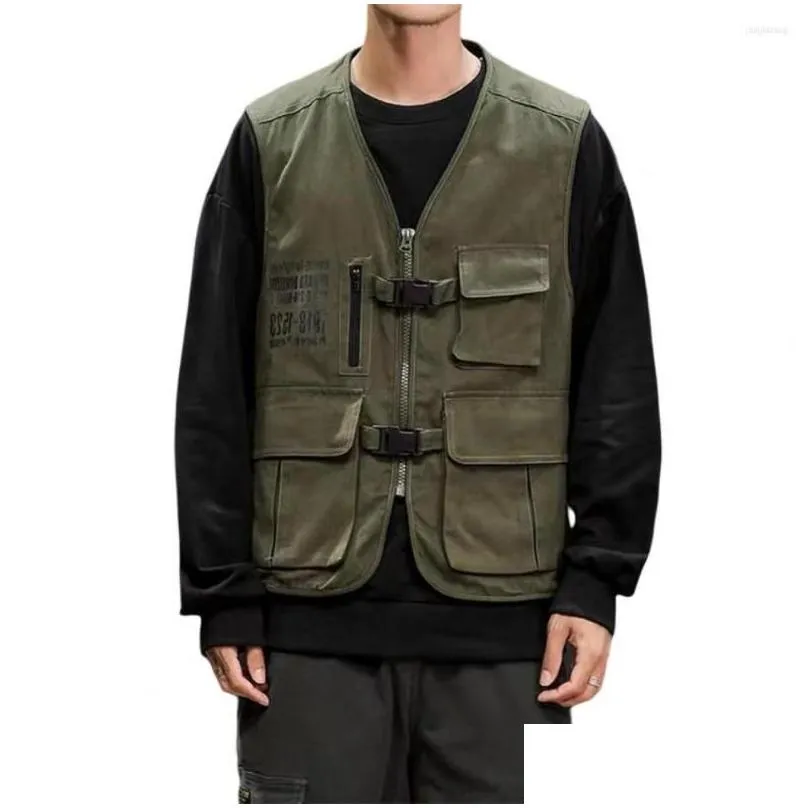 mens vests men sleeveless cargo vest jacket v-neck solid color multi pockets zipper placket buckle closure coat hiking clothing