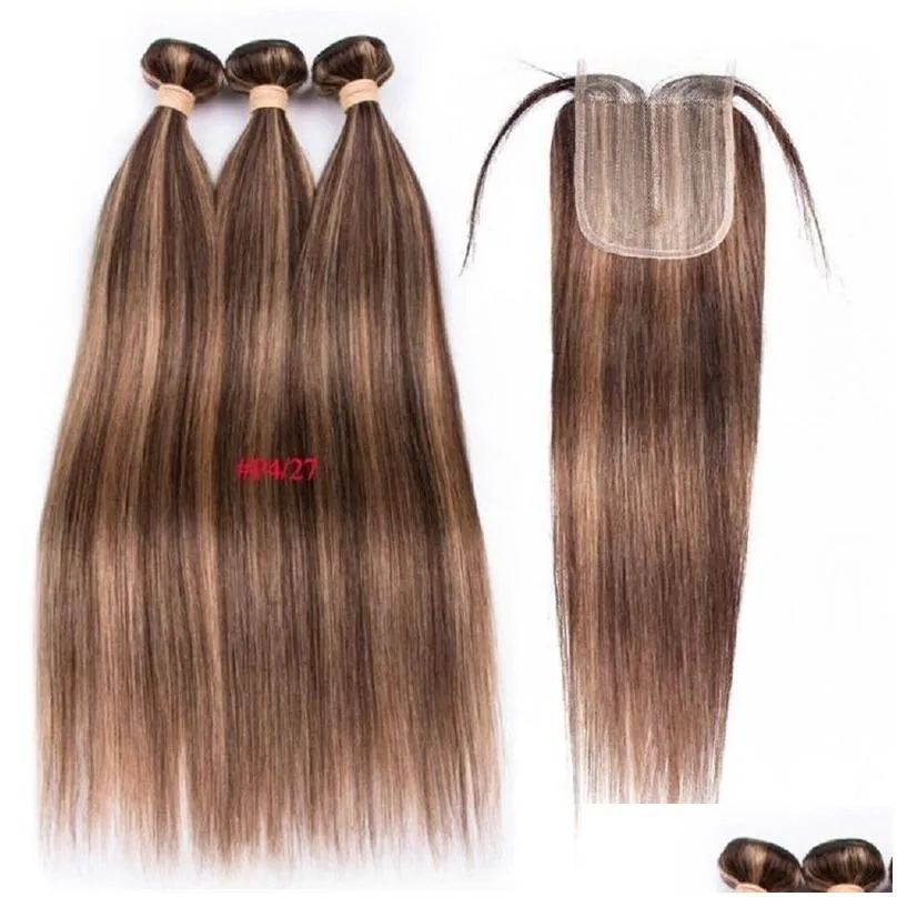 Hair Wefts Highlight Ombre Bundles With Closure T part Brazilian Bone Straight Bundles With Closure Brown Human Hair Bundles With Closure