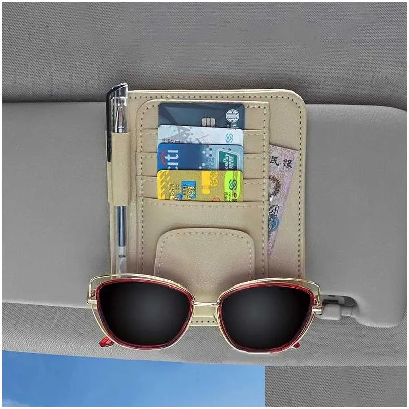 Car Sun Visor Organizer Multi-Pocket Leather Sunglasses Holder Storage Card IC Glasses Clip Sunshade Bag Car-Storage