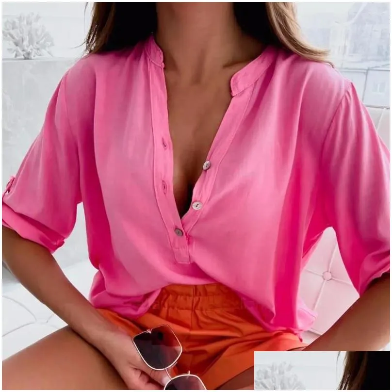 womens blouses stylish summer blouse short sleeve buttons half placket breathable casual loose ladies shirt top