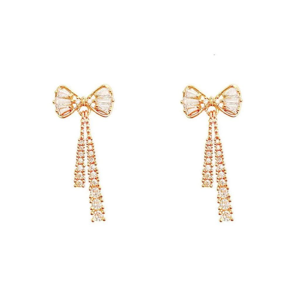 Diamond High Quality Bow Tassel Earrings 2022 Sweet Dangle Drops Earring Women Jewelry
