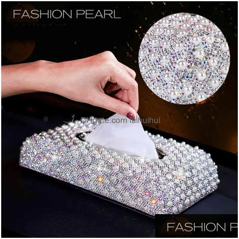 luxury pearls car tissue box crystal diamond block type tissue boxes holder for women paper towel cover case car styling 2103262597