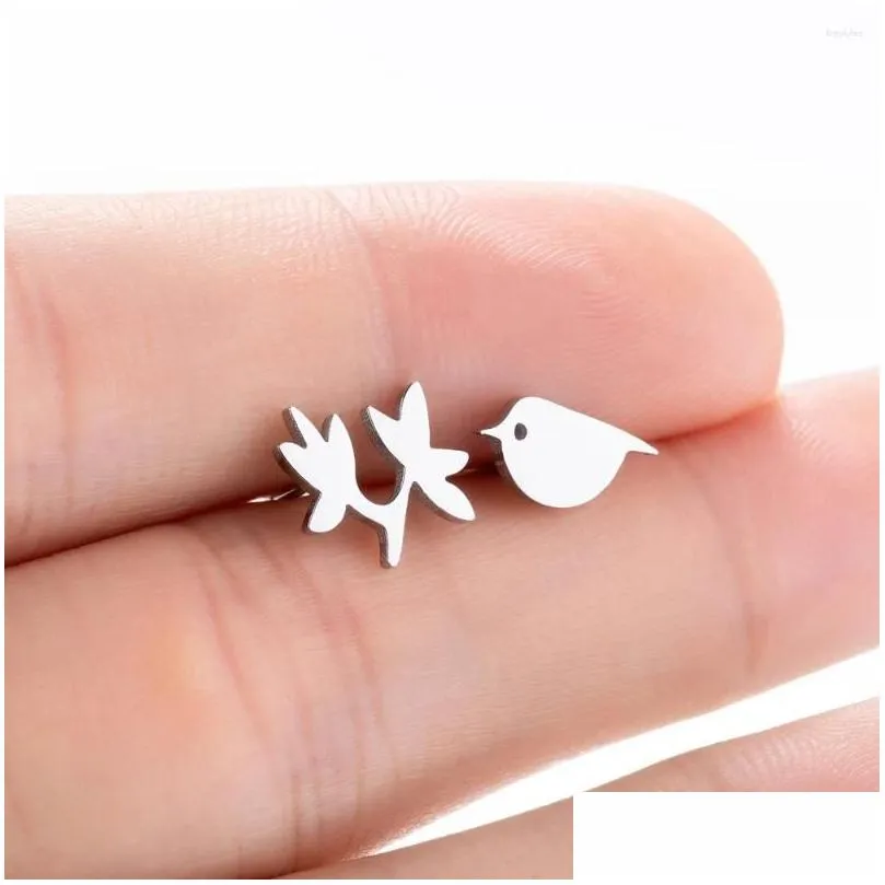 Stud Earrings 12 Pair / Lot Fashion Jewelry Stainless Steel Mini Size Bird Leaf