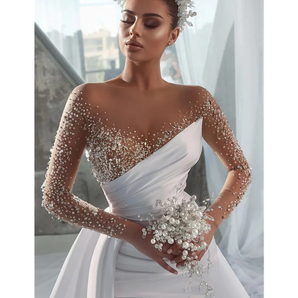 African Arabic Modest Long Sleeve Jewel Neck Wedding Dresses Beading Satin Ruched Illusion Bridal Gowns Vestido De Novia