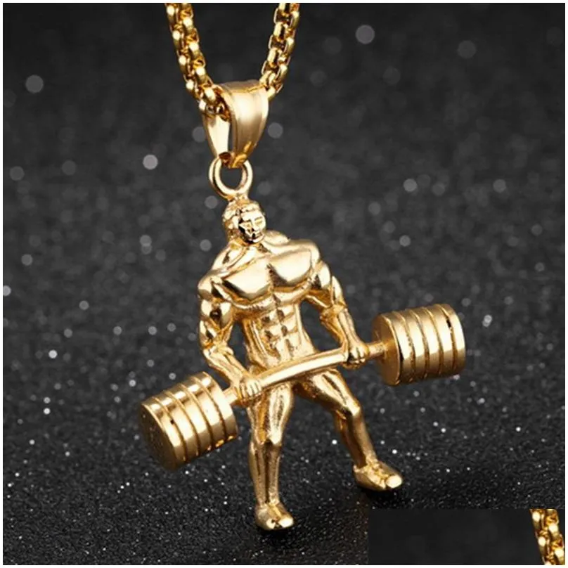 Jewelry Pendant Necklaces Exaggeration Herces Weight Lifting Necklace Mens Sports Stainless Steel Chain Punk Hip Hop Boys Fashion Jewe Dhl24