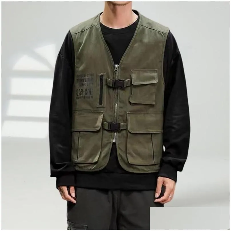 Men`S Vests Mens Vests Men Sleeveless Cargo Vest Jacket V-Neck Solid Color Mti Pockets Zipper Placket Buckle Closure Coat Hiking Cloth Otfzb