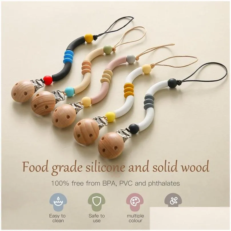 Pacifiers# Pacifiers Baby Pacifier Chain Wooden Clip Bpa Sile Curved Infant Nipple Clips Born Chewing Accessoriespacifiers Drop Delive Dhv9F