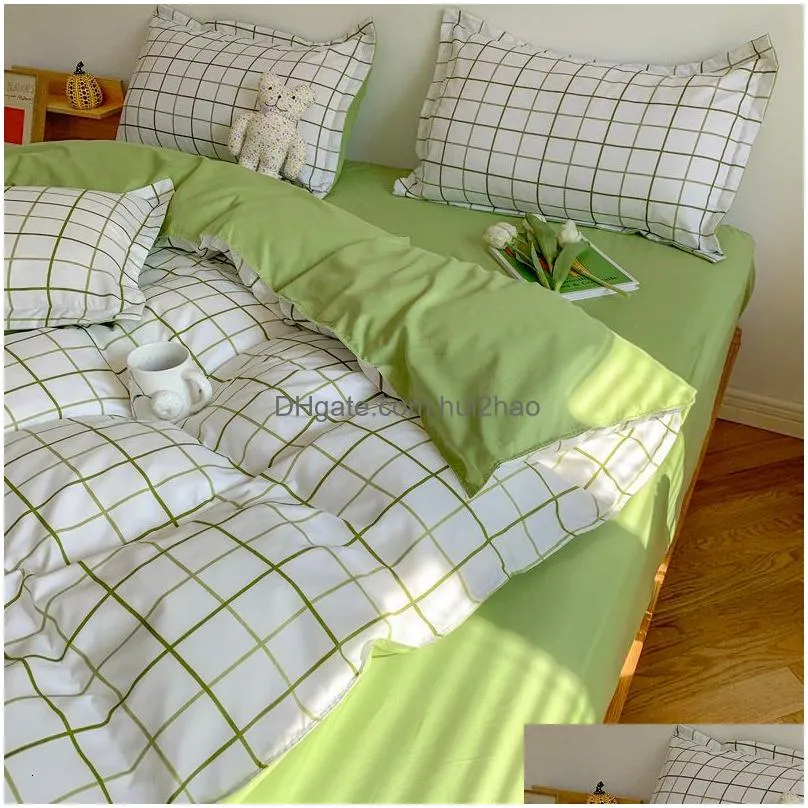 bedding sets fashion bedding set white green double bed linens nordic duvet cover pillowcase queen size flat sheet classic grid kids winter