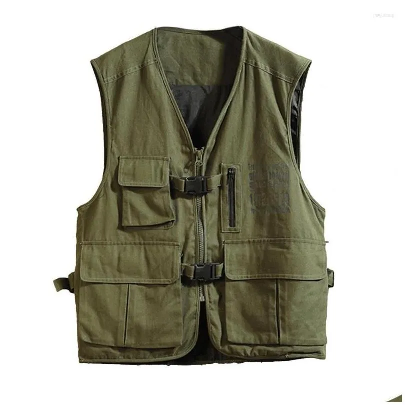 Men`S Vests Mens Vests Men Sleeveless Cargo Vest Jacket V-Neck Solid Color Mti Pockets Zipper Placket Buckle Closure Coat Hiking Cloth Otfzb