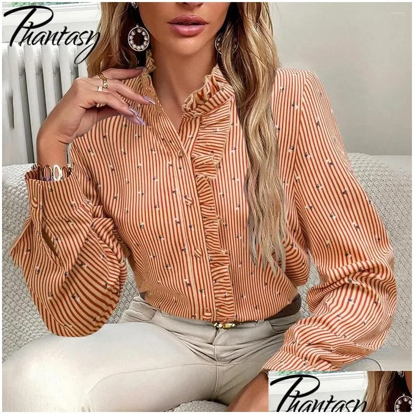 Women`s Blouses Phantasy Office Lady Floral Shirts Women Long Sleeved Slim Top Autumn Winter Commuter Casual Blouse Stand Neck