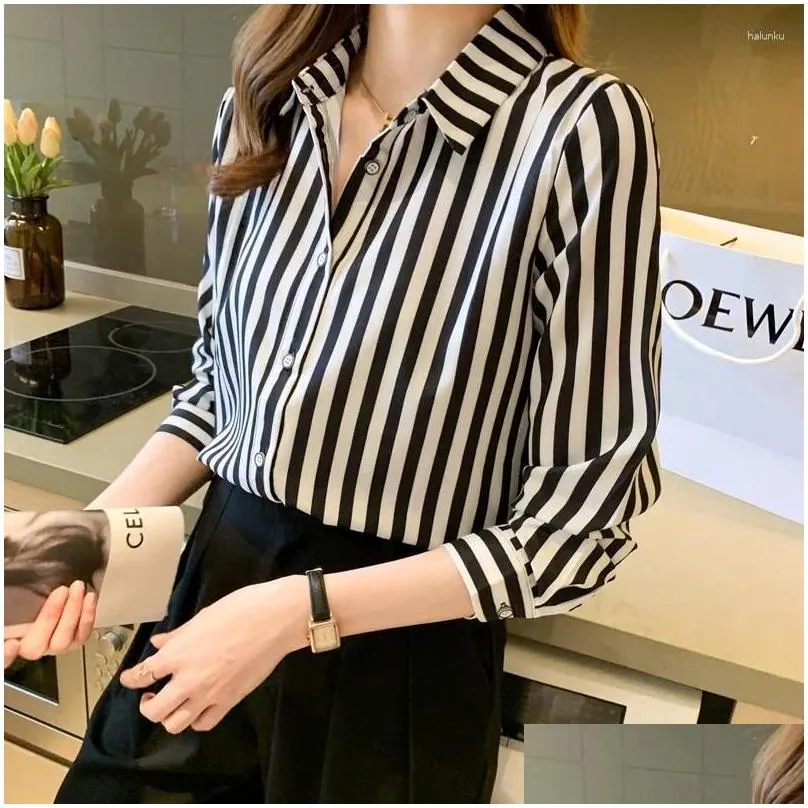 Women`s Blouses Fashion Shirt 2024 Black And White Striped Tops For Women Versatile Polo Neck Clothing Long Sleeve Basic Shirts OL J27