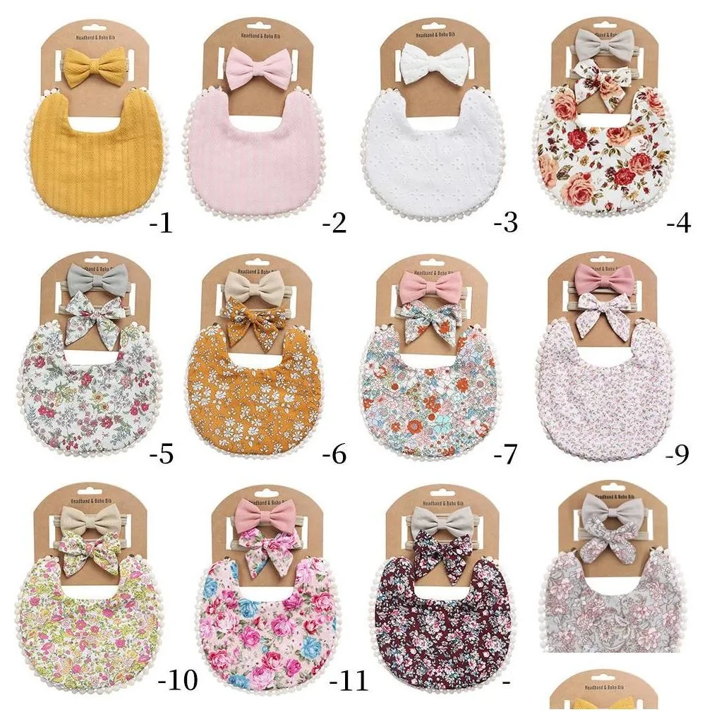 Baby Bibs Feeding Burping Cloths Girls Accessory Cotton Flower Bows Bowknot Headbands 2Pcs/Sets Princess Wear