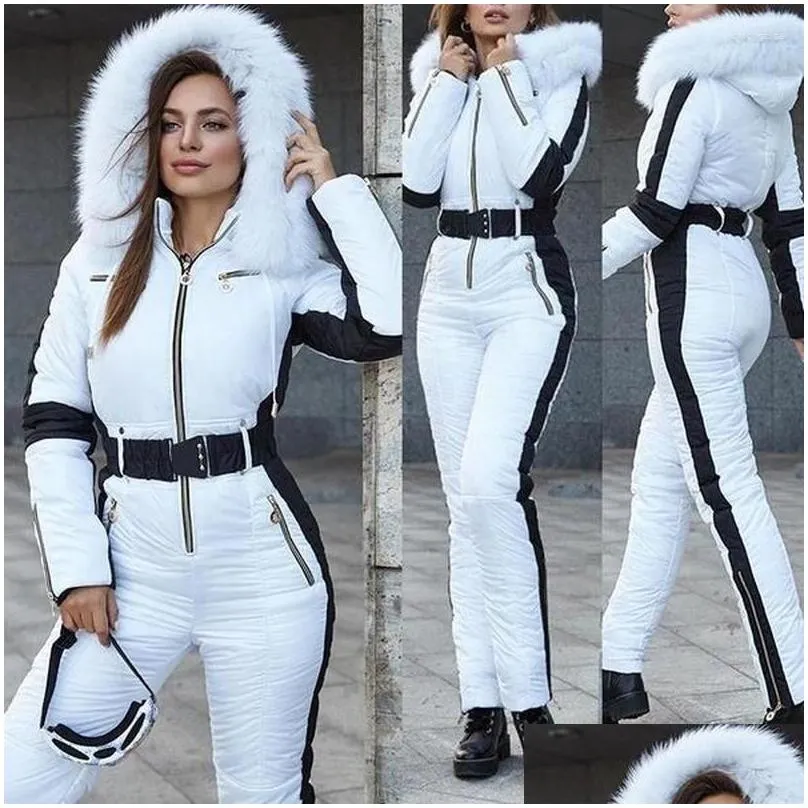 Women`S Down & Parkas Womens Down Women Fashion Ski Jumpsuit Winter Suit Snowboarding Hooded Faux Fur Jacket Warm Drop Delivery Appare Otecz