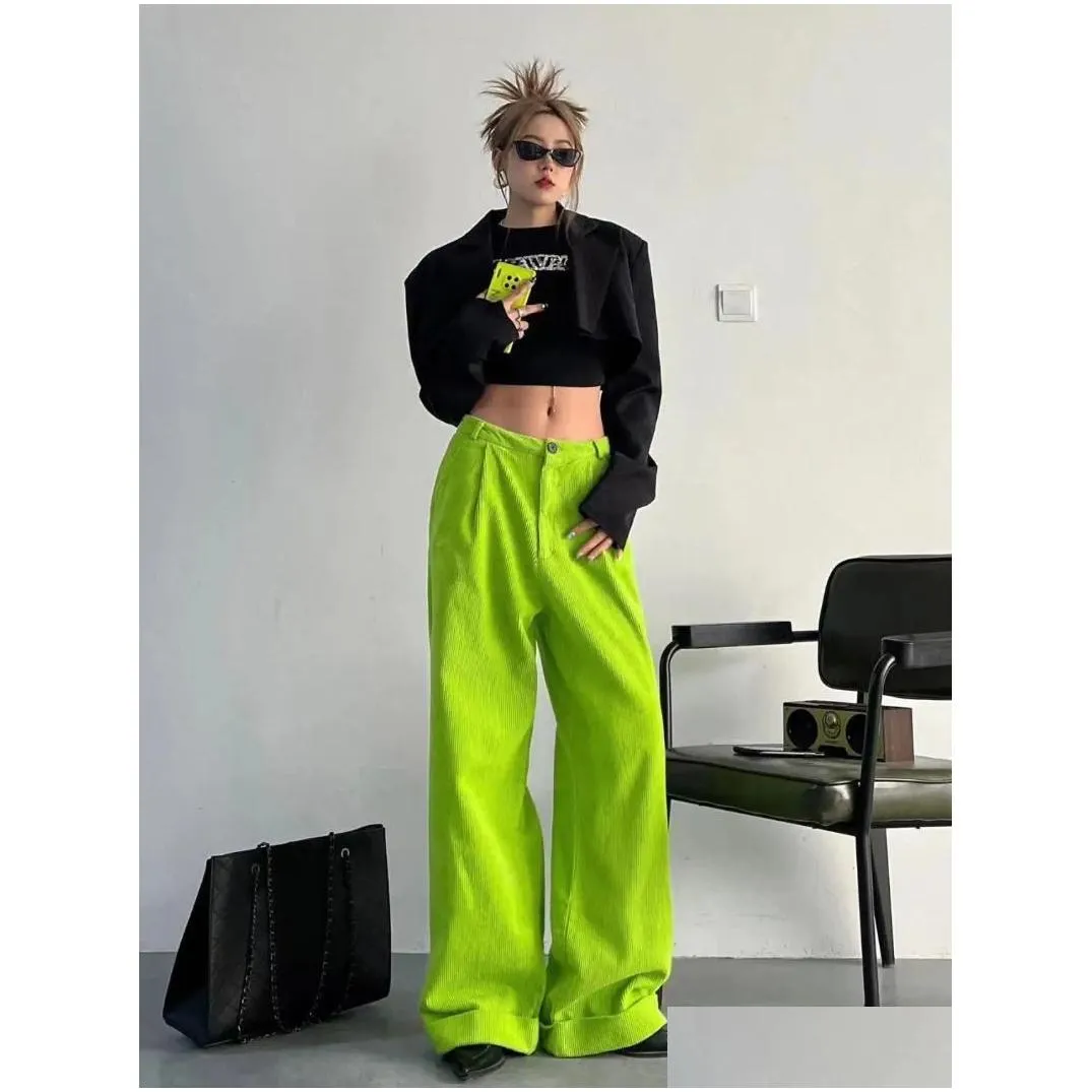 Women`s Pants American Fluorescent Green Light Core Velvet Wide Leg Hem Straight Trousers For Summer Style Ins Loose Mop