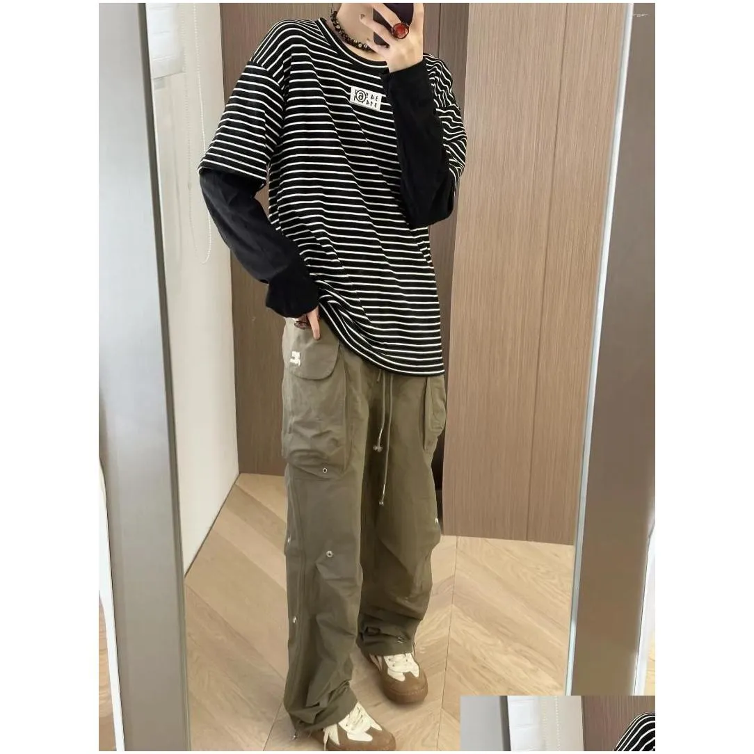 Women`s T Shirts Mmsix T-shirts 2023 Autumn Winter Striped Sleeve Stitching Round Neck Female Tops Casual Cotton Loose Long Tees