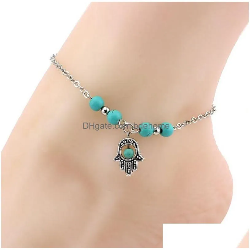 Anklets 6 Styles Bohemian Turquoise Anklets Women Beach Foot Chains Cross Tree Turtles Conch Fatimas Hand Anklet For Ladies Fashion Je Dhzko