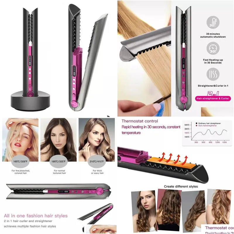 Hair Straighteners Wireless Straightener with Charging Base Flat Iron Mini 2 IN 1 Roller USB 4800mah Portable Cordless Curler Dry and Wet Uses
