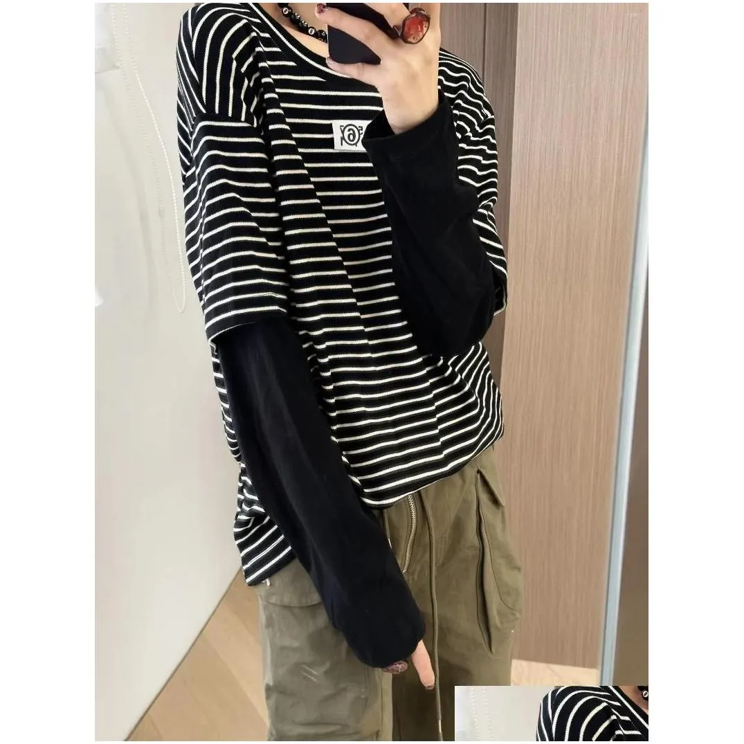 Women`s T Shirts Mmsix T-shirts 2023 Autumn Winter Striped Sleeve Stitching Round Neck Female Tops Casual Cotton Loose Long Tees