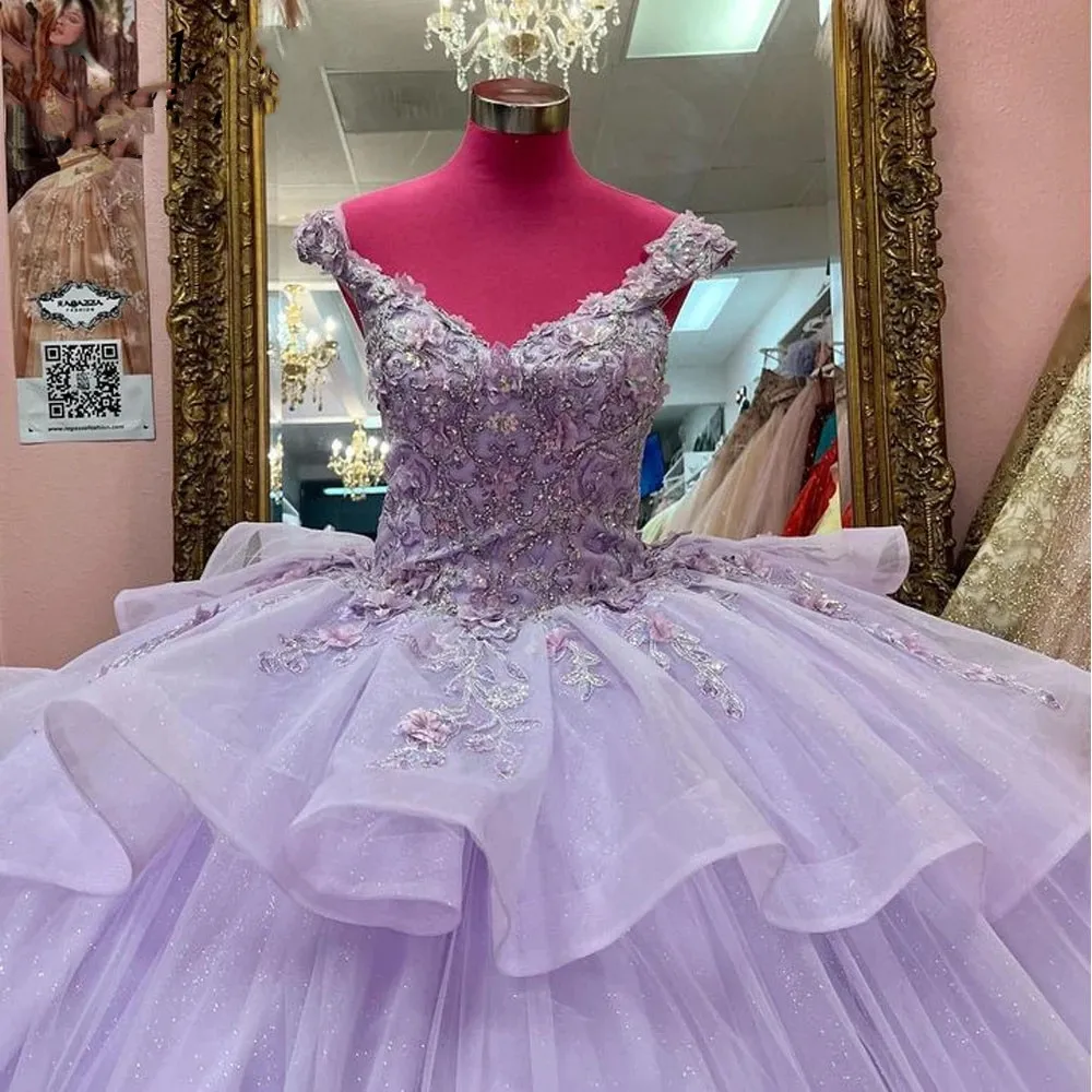 PrincessLilac Lace Quinceanera Dresses 2023 Cap Sleeve Appliques Lace Up Ball Gown Sweet 16 Dress vestidos de 15 anos Prom Party Gowns