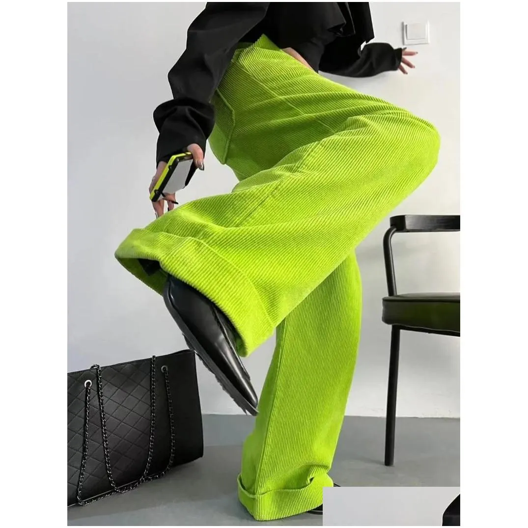 Women`s Pants American Fluorescent Green Light Core Velvet Wide Leg Hem Straight Trousers For Summer Style Ins Loose Mop