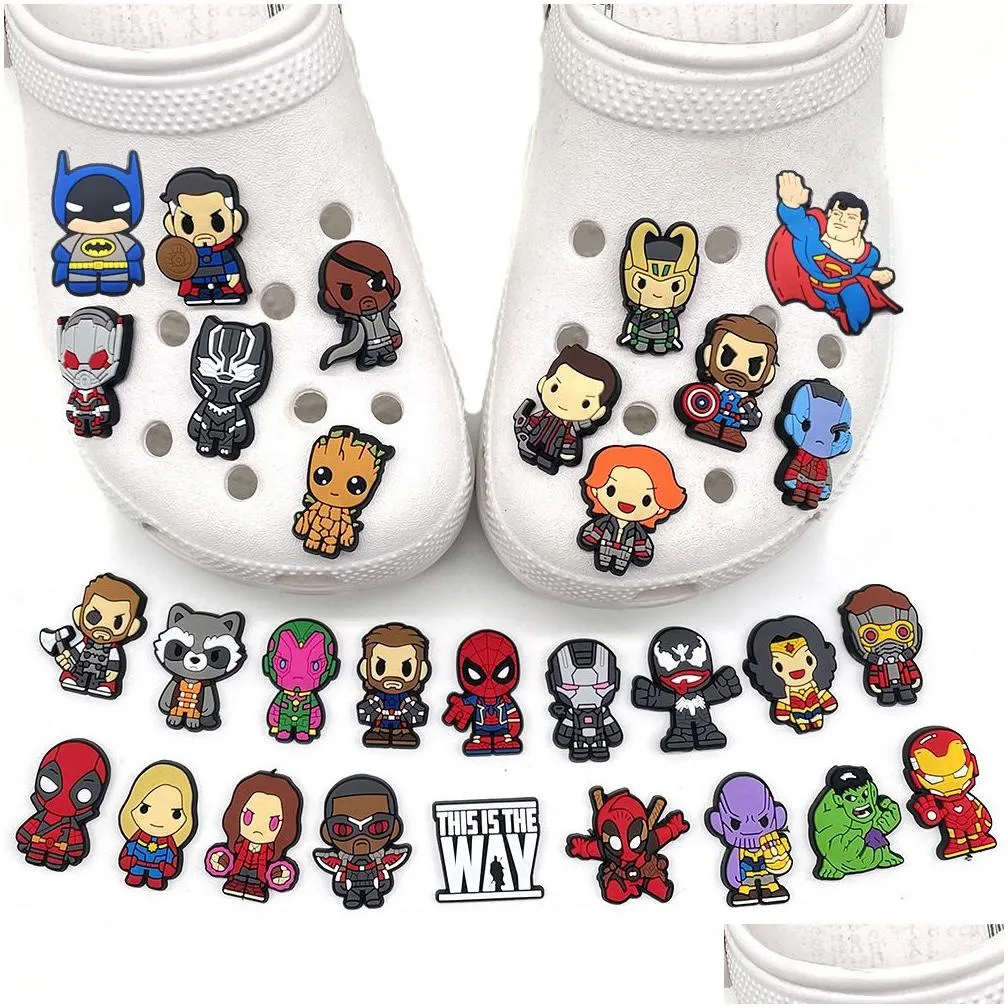 Cartoon Accessories Charms Wholesale Childhood Memories Super Hero Man Funny Gift Cartoon Shoe Accessories Pvc Decoration Buckle Soft Dhkpc