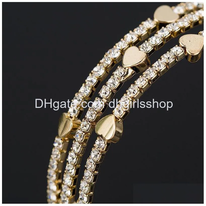 bangle rhinestone bracelet woman full diamond love heart handmade three rows cuff bracelets plated gold bangle 8 9yf g2b