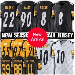``Steelers``Football Jerseys 8 Kenny Pickett 90 T.J. Watt 24 Joey Porter Jr. 14 George Pickens 77 Broderick Jones 18 Diontae Johnson 22 Najee Harris Jersey