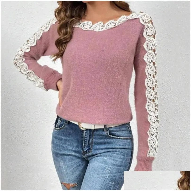 Women`s Blouses Commuting Blouse Patchwork Color Pullover Tops O-neck Hollow Lace Splicing Loose Fit Knitting Streetwear